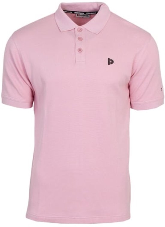 Roze heren poloshirt met korte mouwen, knoopjes en een zwart logo.