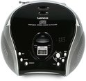 Lenco draagbare radio CD-speler, zwart met zilveren accenten en speakers. Met digitaal display en bedieningsknoppen.