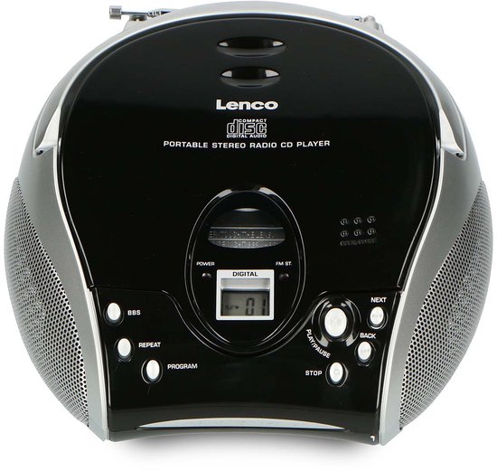 Lenco draagbare radio CD-speler, zwart met zilveren accenten en speakers. Met digitaal display en bedieningsknoppen.