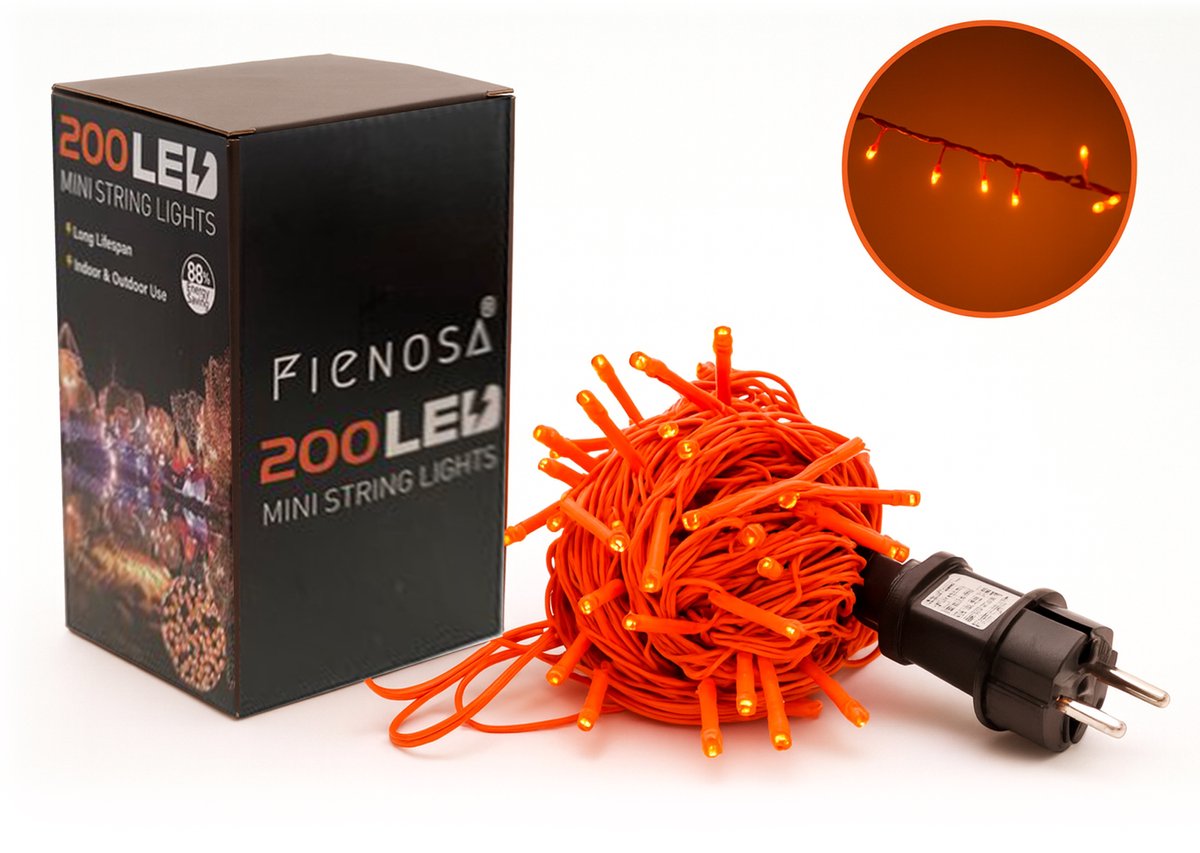 Fienosa LED WK Oranje Feestverlichting 200 LED’s - WK voetbal – 8 m Lichtstreng + 2 m Aansluitsnoer – Kertsverlichting - Binnen & Buiten – 230V – Energieklasse A