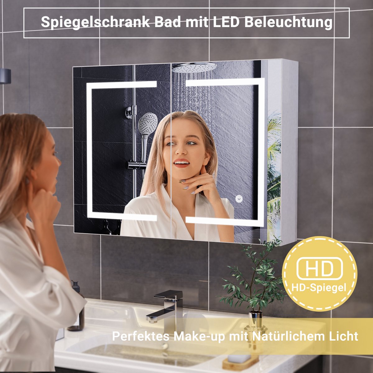 Badkamerkast met Spiegel en LED-Verlichting – Badkamerkastje met 2 Deuren, Instelbare Planken en Touchbediening, 80x13.5x60cm