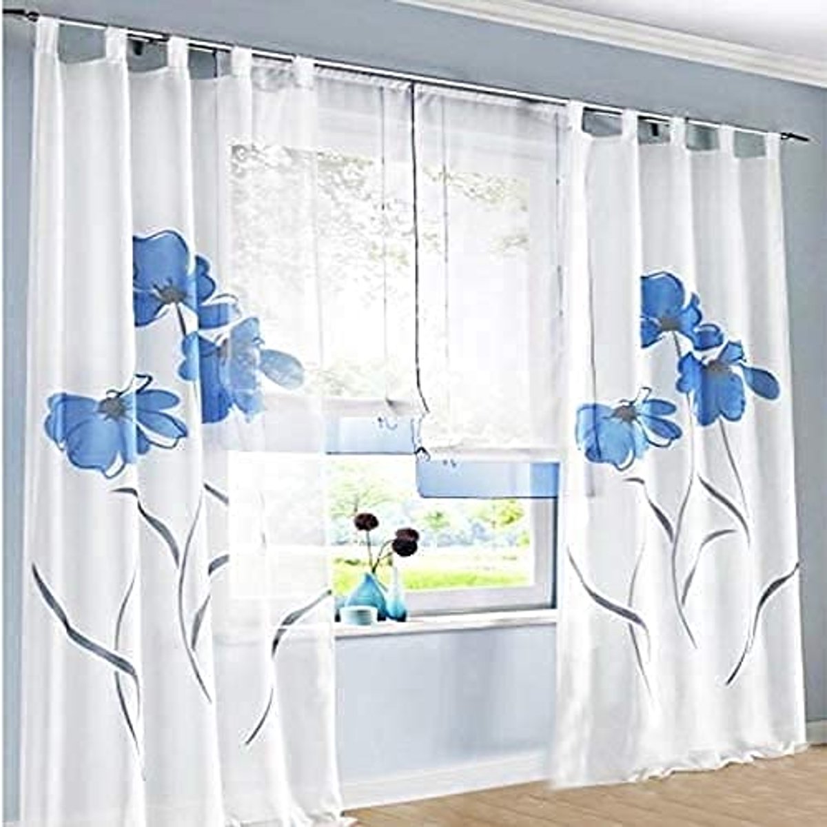Unyqoos Set van twee transparante gordijnsjaals met bloemenprint voor elke kamer wit