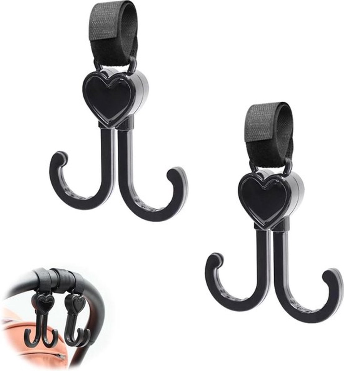 Kinderwagenhaken - buggy clips - draagwagenhaken - tas haken - kinderwagen clips - hartvorm - klittenbandhaak - luiertas - 360 graden draaibare kinderwagenhaak - 2 stuks