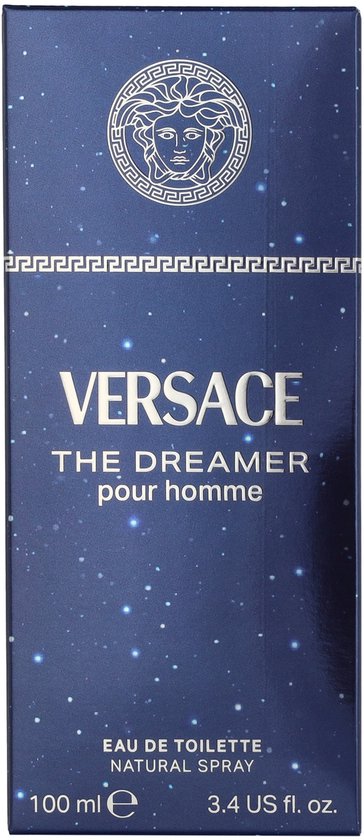 Doosje Versace The Dreamer pour homme Eau de Toilette Natural Spray 100 ml met blauwe, sterrenhemel print.
