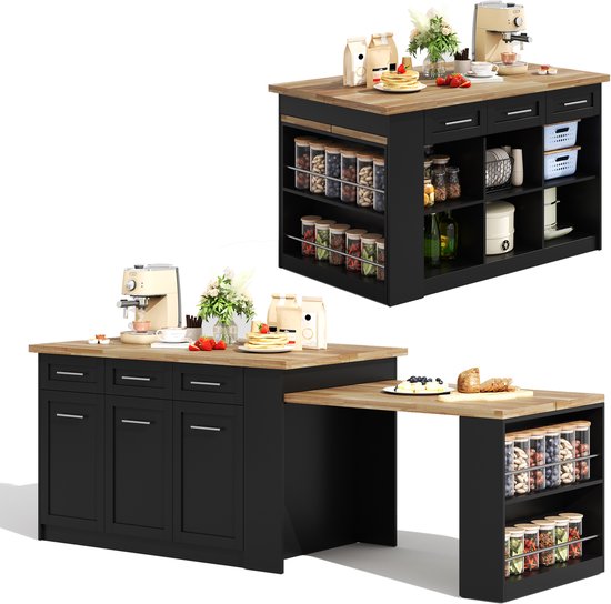Îlot de cuisine multifonctionnel, 150 x 96 cm, avec table à manger extensible noire, plan de travail/table en bois stratifié et placards de rangement intégrés. Idéal pour les cuisines familiales et les réceptions.