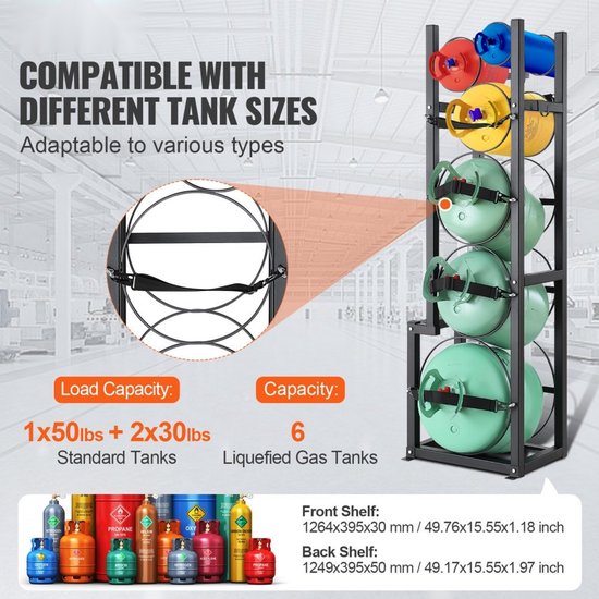 Zwart rek met 6 niveaus, straps en ronde openingen voor gasflessen, met afbeeldingen van tanks en afmetingen.