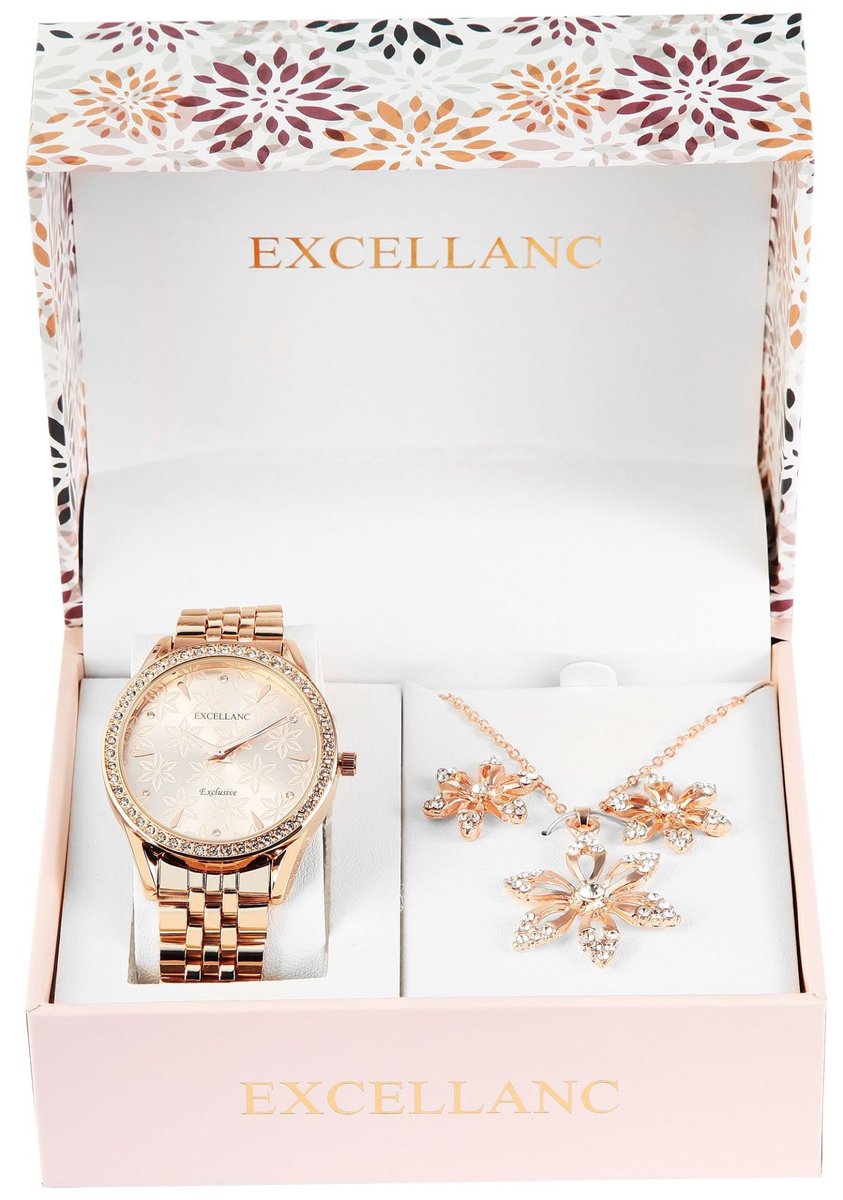 Excellanc dameshorloge geschenkset rose-goudkleurig cadeauset horloge, ketting, oorbellen