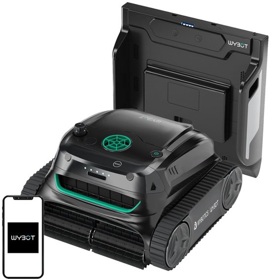 Zwarte zwembadrobot met groene accenten, naast een wandmontage dockingstation, met smartphone.