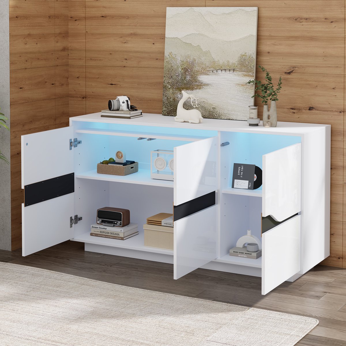 STILVORA Dressoirs - Dressoir Met 3 Deuren En LED Licht - Hochglans Fronten En Flexibele Opbergruimte - 140x40x76 cm - Spaanplaat - Wit