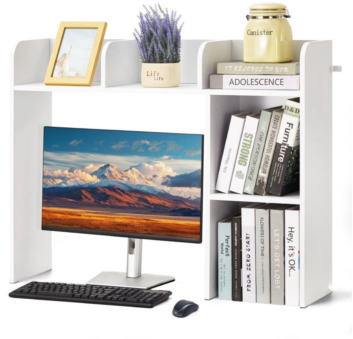 Boekenplank voor Bureau - 2-laags Organizer - Afmetingen 94,5 x 24,1 x 73,4 cm - Spaanplaat - Antislip Voetjes - Wit