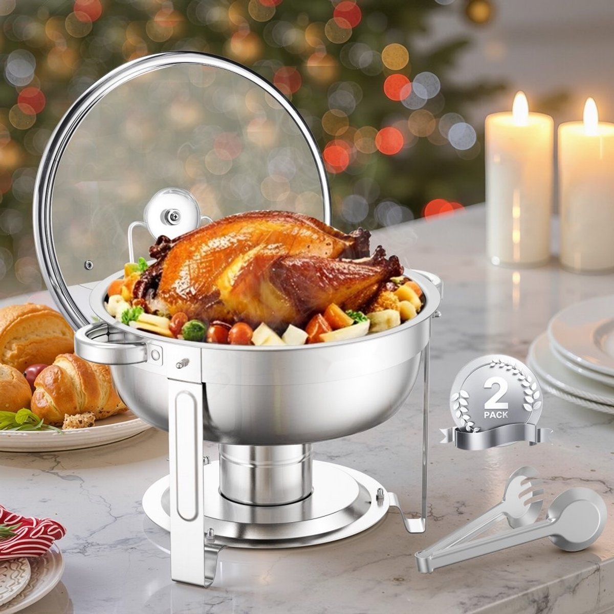 Chafing Dish Buffetwarmer - Ronde Catering Buffetserver 2 x 4,7 L - Met Glazen Deksel - Waterpan - Opvouwbare Standaard - Zilver