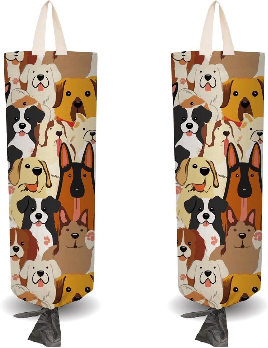EGoods - 2 Stuks Doek Plastic Zak Houder met Hond Thema en Zelfklevende Haak voor Boodschappen - Trek Touw - Herbruikbare Organizer - Wasbare Muur Mount - Opknoping Opslag Dispenser voor Kast Thuis