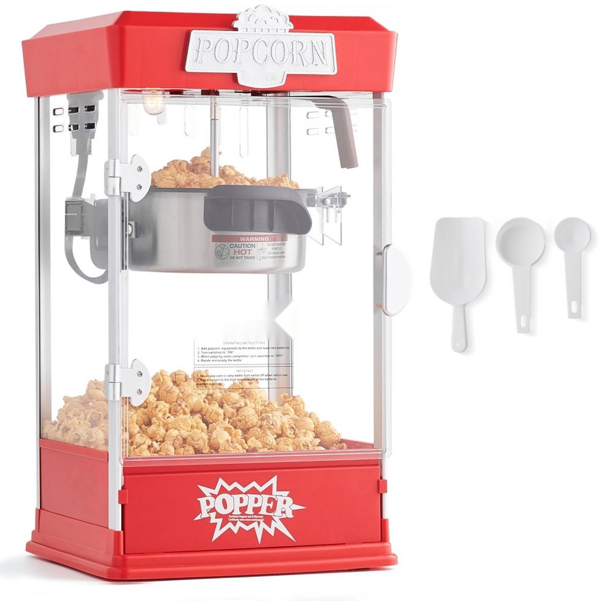 Popcornmachine - Tafelmodel Popcornmaker - 480 W - Ketel 113 g - Capaciteit 5,7 L per lading - Bioscoopstijl - Inclusief 3 scheppen - Rood