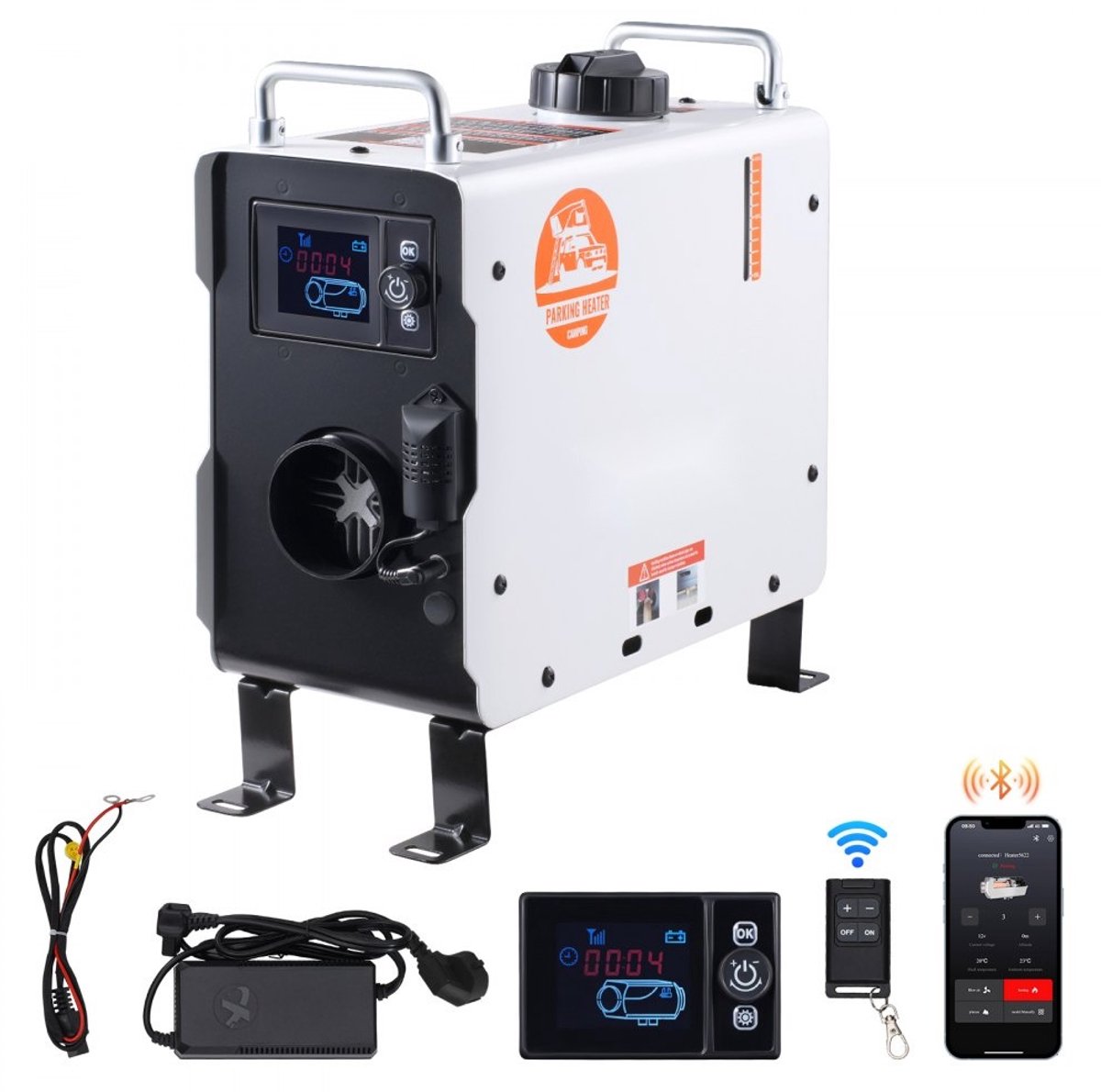 Dieselkachel 2 kW - Alles-in-één Dieselluchtverwarmer 12V/24V - Bluetooth Appbediening - Afstandsbediening - Display - CO-alarm - Snel Verwarmen - Draagbaar