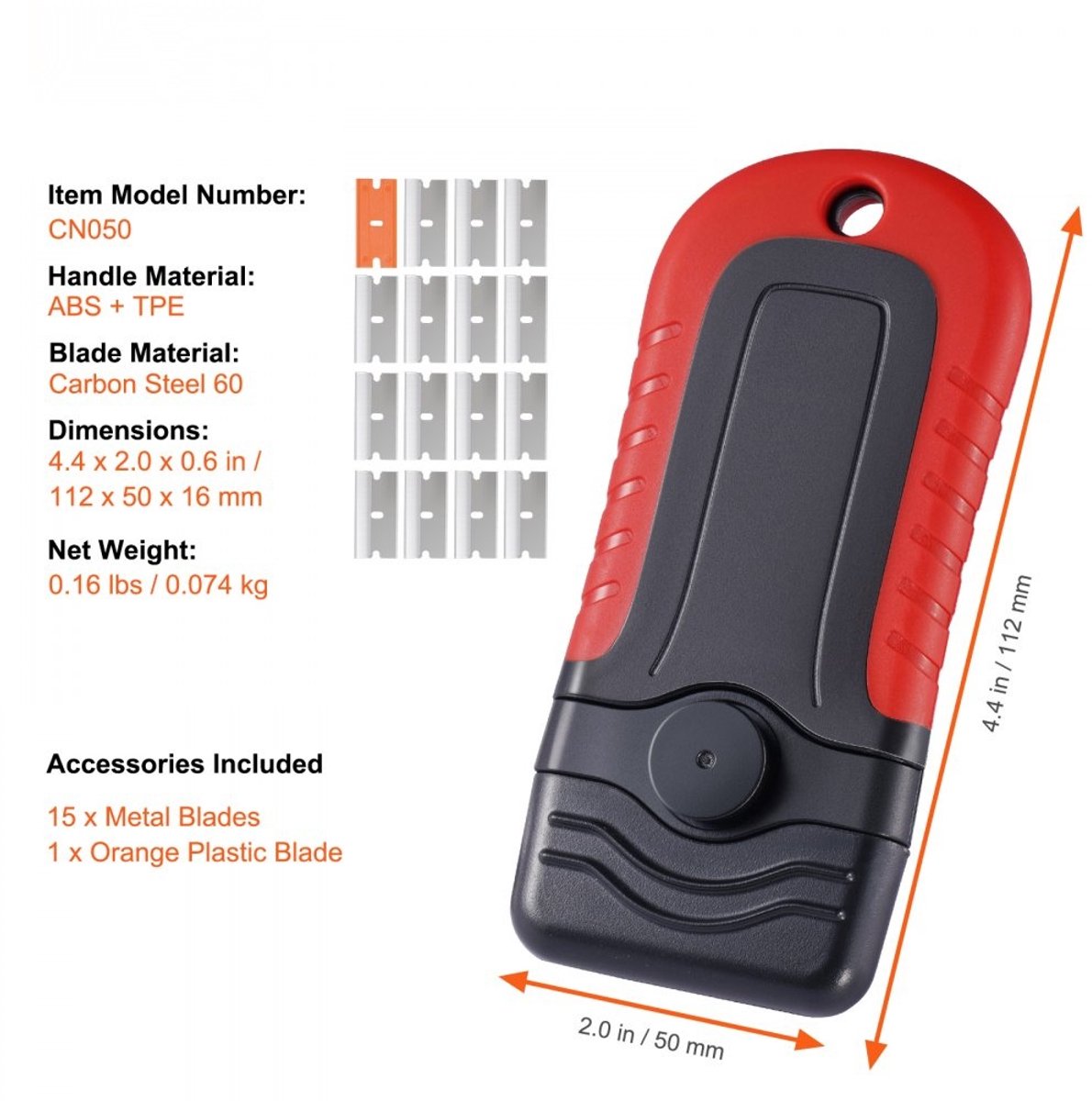 Schraper Met Scheermesjes - Glas- en Stickerschraper - 16 Mesjes (15+1) - Vergrendelbaar - Veiligheidsdop - Koolstofstaal- en POM-mesjes - Voor Labels & Stickers - Zwart/Rood