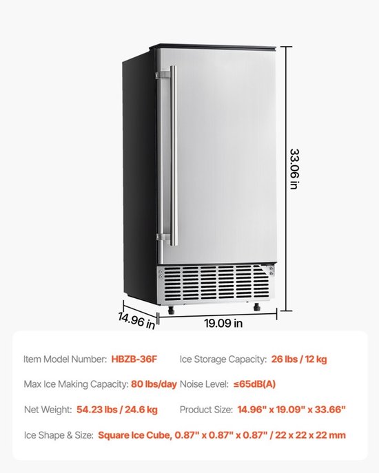 Onderbouw IJsblokjesmachine - Inbouwgeschikt - Capaciteit 36 kg/dag - Omkeerbare RVS Deur - Elektrische Afvoer - Voor Commercieel en Thuisgebruik - Zilver van Merkloos — afbeelding 3