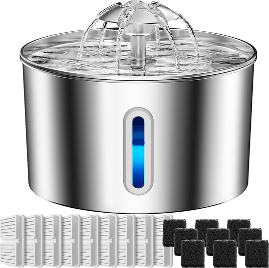 BalimoPet Drinkfontein Kat en Hond - RVS - 2.2L Waterfontein - Incl 9 Filter + 9 Sponzen en 1 cleaning tool - Fluisterstil - Drinkbak Kat - Kattenfontein - Zilver