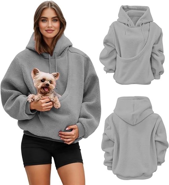 Sweat à capuche avec poche pour animaux – Sweat-shirt polaire oversize – Poche avant pour petits chats et chiots – Capuche et cordon de serrage – Grijs – Taille L