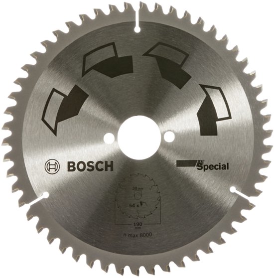 Bosch cirkelzaagblad "Special", 190 mm diameter, 30 mm asgat, 54 tanden. Met pijlmarkeringen op de kling.