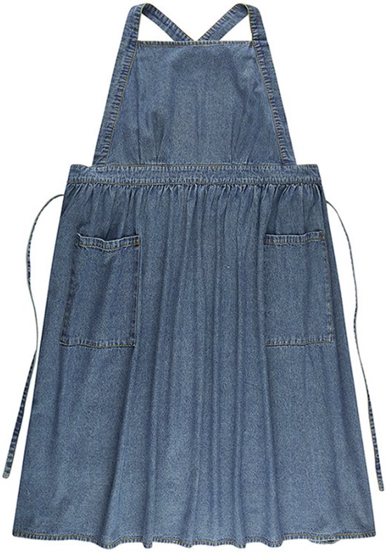 Tablier en jean avec bretelles croisées, cordon de taille et deux poches plaquées.