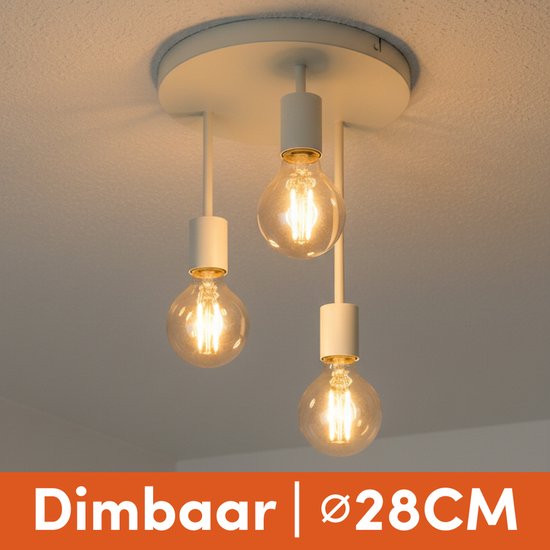 Een moderne beige plafondlamp met drie hangende E27 lampen in een gang.