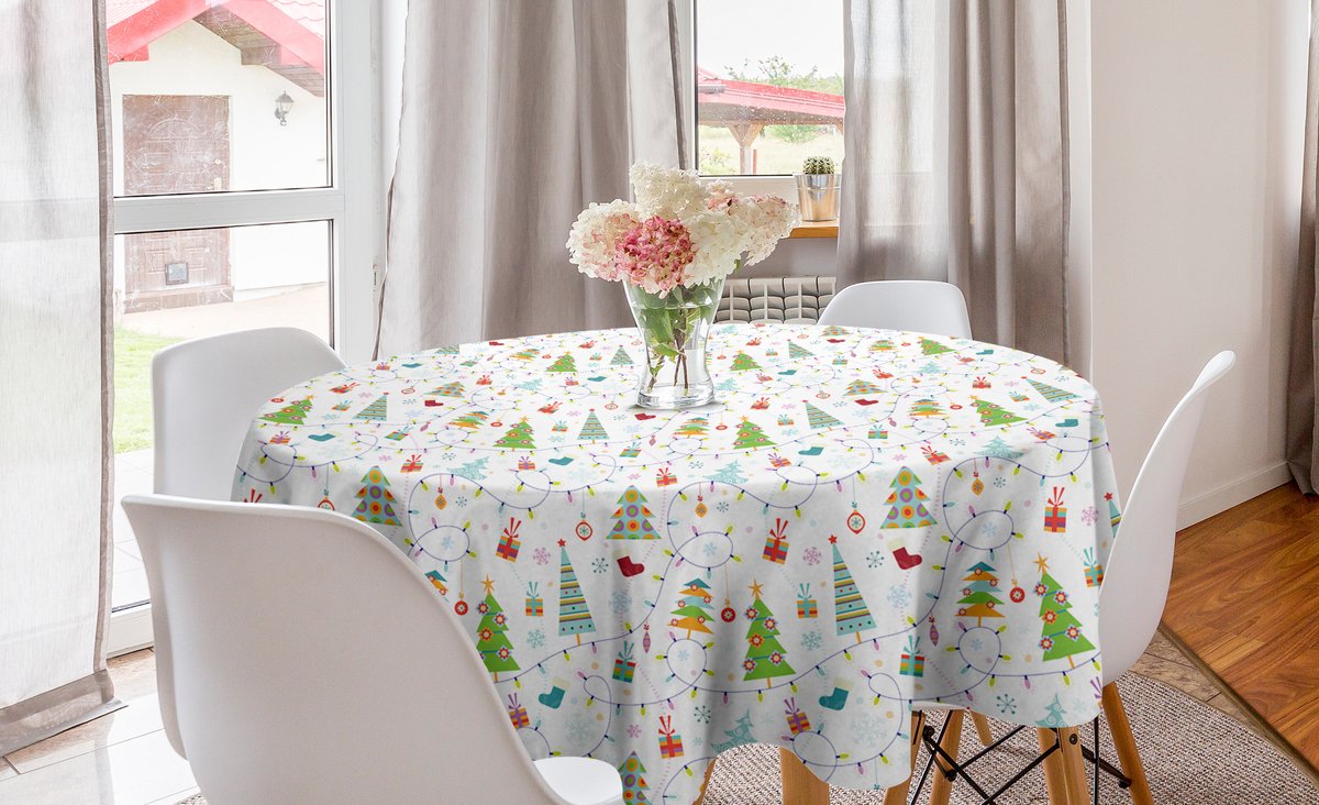 NewBed Kerstmis Leuk patroon voor versierde bomen en cadeaus Ronde Tafelkleed, Cirkel Tafelkleed voor Eetkamer Keuken Decoratie, 150 cm Diameter