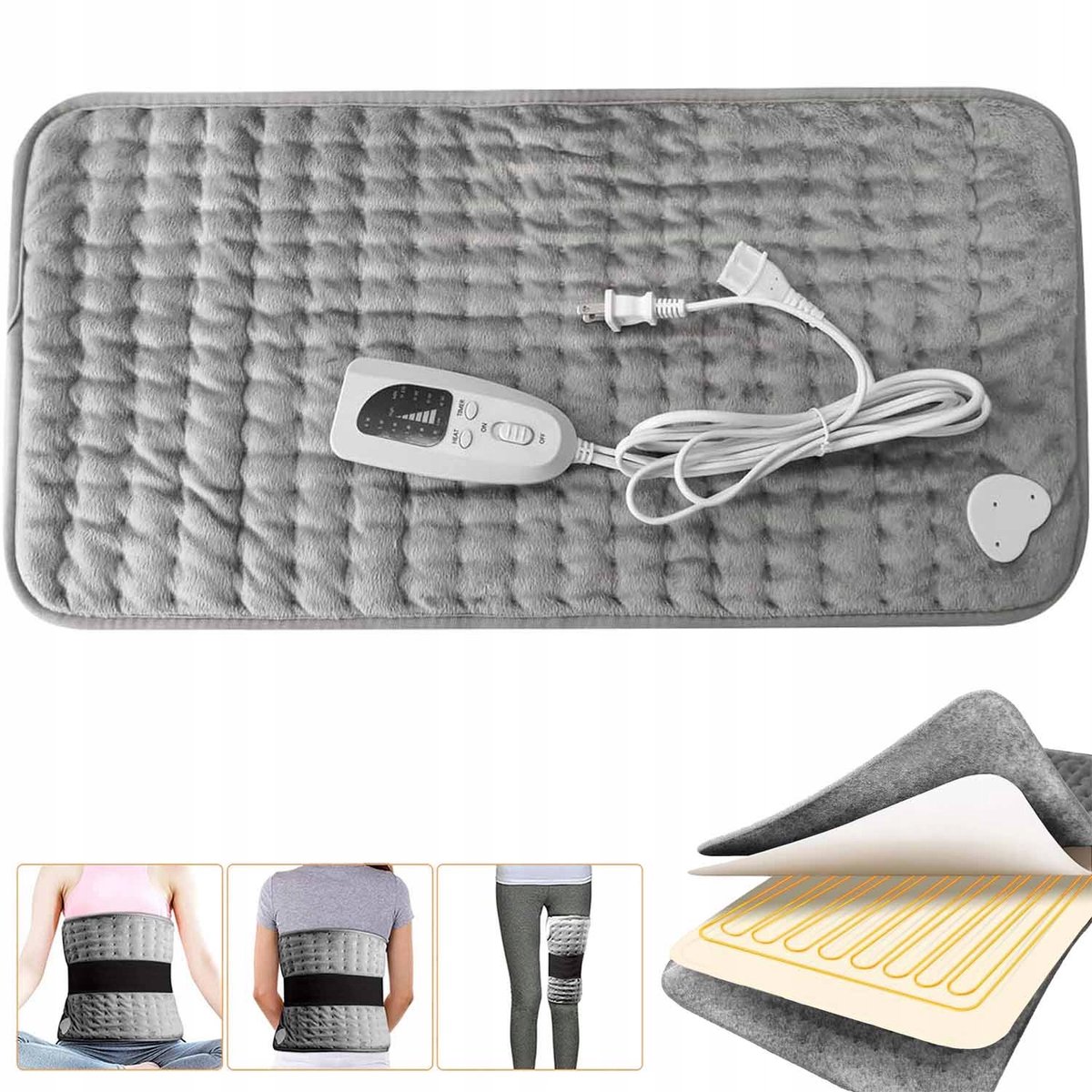 Elektrisch Warmtekussen - voor Rug, Voeten, Nek, Schouders, Buik - Heating Pad - Verwarmingskussen - Wasbaar - 60x30cm - Grijs