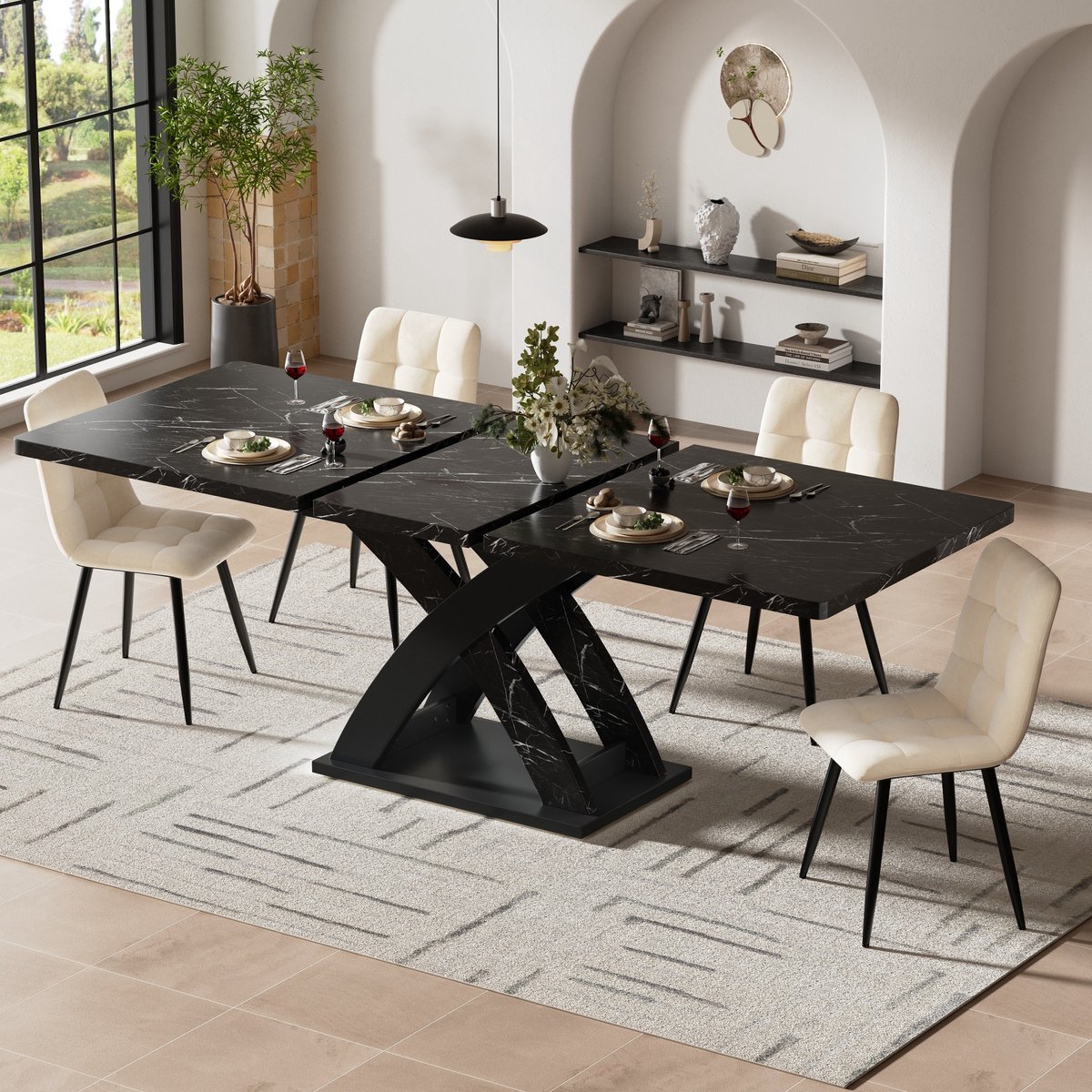 Sweiko Uitschuifbare Eettafel - 120-160 cm - Marmerlook - Geschikt voor 6 personen - Zwart