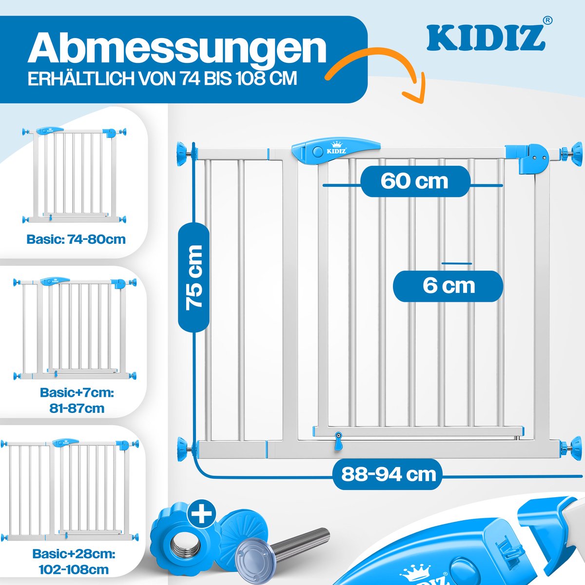 KIDIZ® Traphekje 88-94 cm Uitbreidbaar met Verlengstuk - Kinderhekje zonder boren Veiligheidshekje voor Kinderen en Baby - Wit