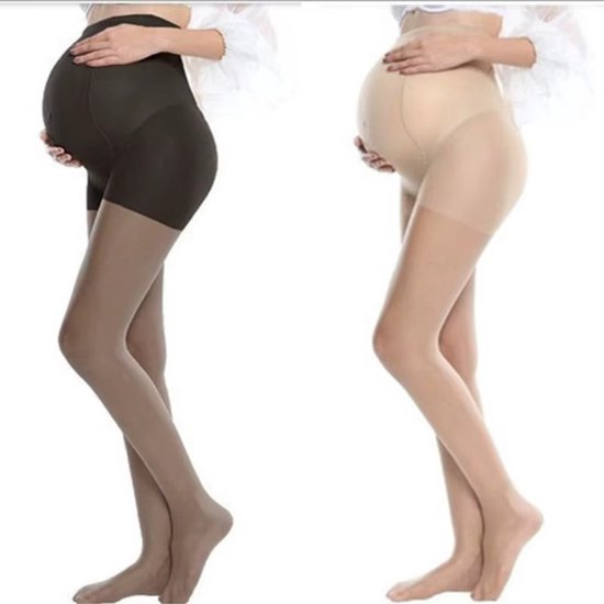 Twee zwangerschapspanty's, zwart en nude. De modellen tonen de panty's van de zijkant met een hand op de buik.