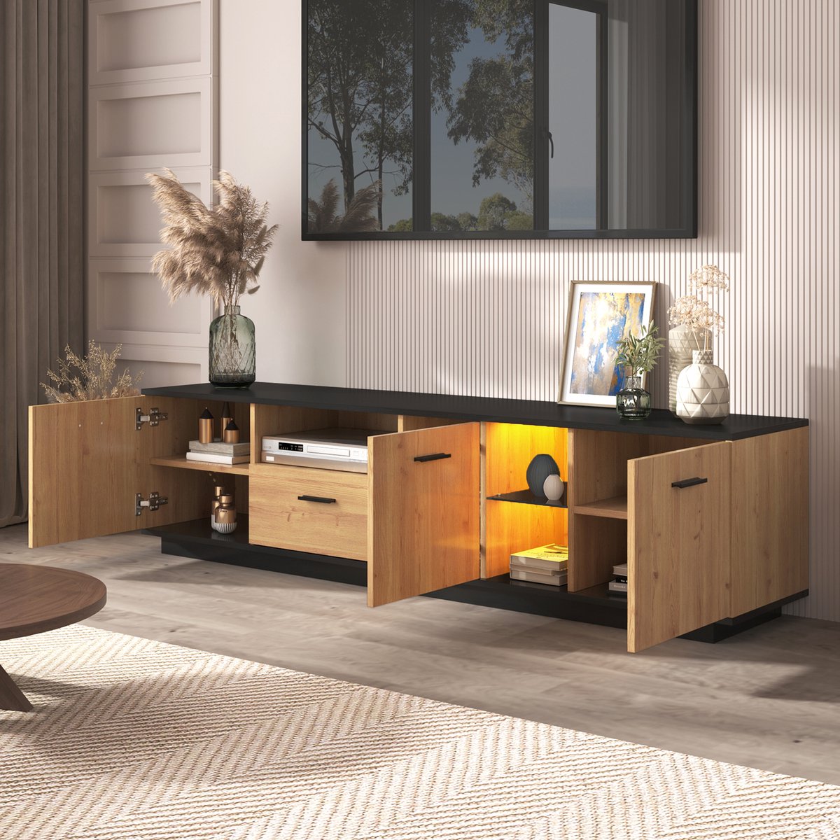 STILVORA TV-kasten 180x40x45 cm - TV meubel Met Glas TV Meubel Design - Stijlvol En Functioneel - Rechthoekig - Bohème Stijl - MDF - Natuurlijk