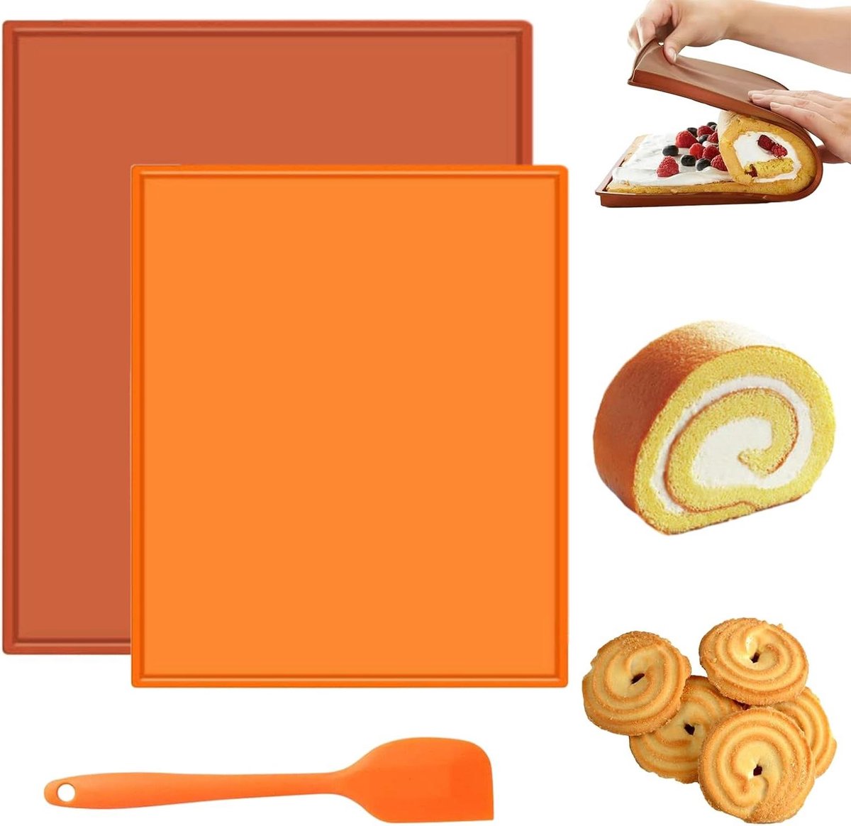 EGoods - Set van 2 siliconen bakmatten met antiaanbaklaag en rand, BPA-vrij - 30 x 40 cm / 26 x 31 cm - antislip bakplaat - rolmat met siliconen spatel voor Swiss Roll - koken & bakken - koekjes
