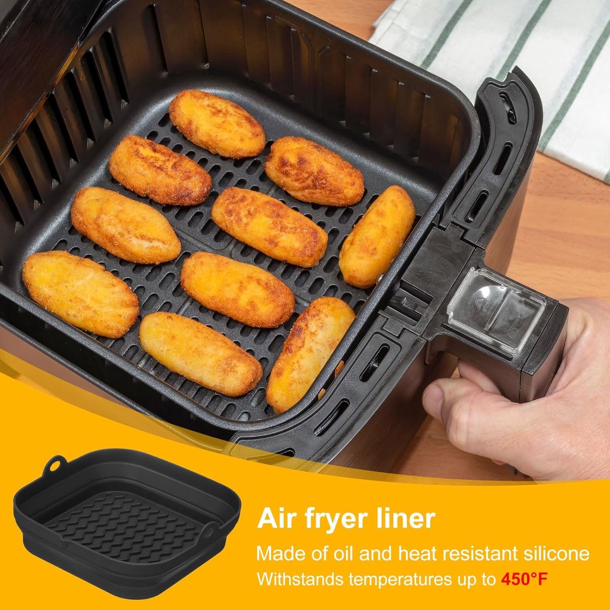 Airfryer Bakje - 2 Stuks - Heteluchtfriteuse Bakvorm - Bakplaat - Siliconen - Bakpapier Alternatief - Opvouwbaar - Herbruikbaar - Airfryer Accesoires - voor Magnetron, Oven, Koelkast - 21*20.3*5cm - Zwart — afbeelding 4