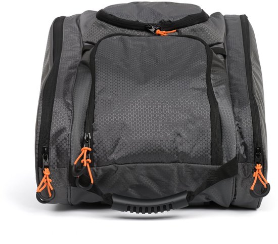 Donkergrijze padeltas met honingraatpatroon, oranje ritsen, handvat en schoenenvak.