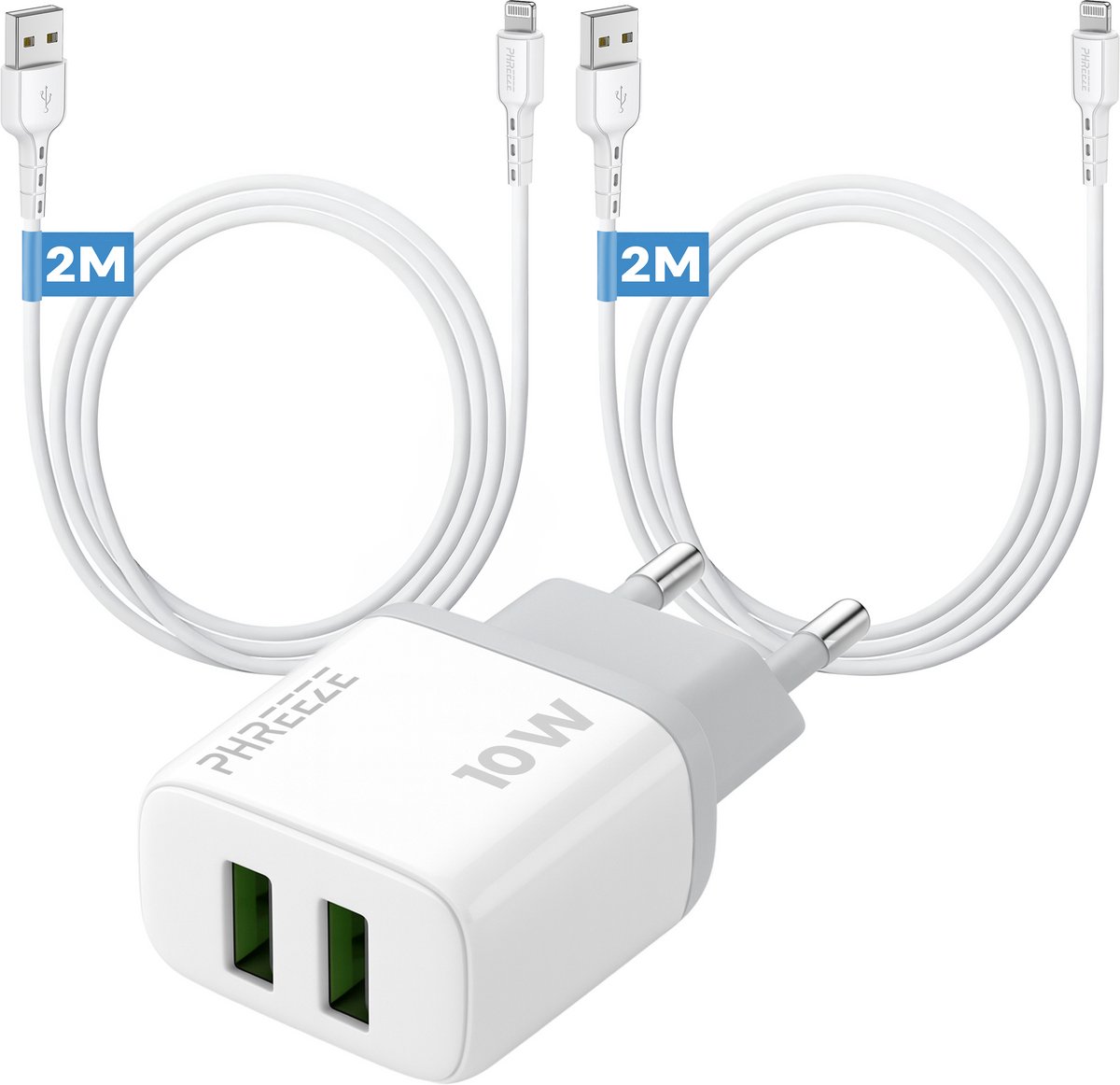 Phreeze usb adapter 12 W - Geschikt voor iPhone en iPad met Lightning kabel 2 m - Dubbele usb poorten - Power adapter met 2 kabels inbegrepen