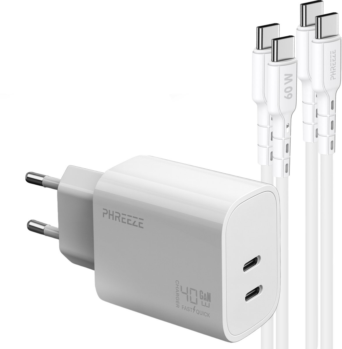 Phreeze GaN charger 40 W - Power Delivery oplader met 2 usb C kabels - 1 meter - Voor snelladen smartphone en laptop