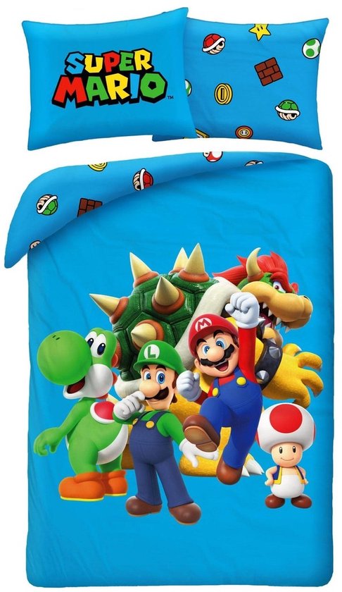 Blauw dekbedovertrek met Super Mario personages: Mario, Luigi, Yoshi, Bowser en Toad. Kussensloop met Mario print.