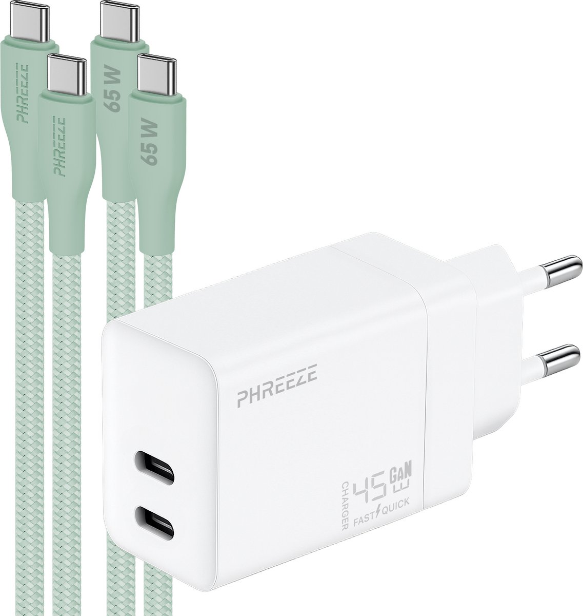 Phreeze 45w oplaadset met 2 usb C kabels voor tegelijk snelladen telefoon en tablet - 45 W Power Adapter - Dual usb C poorten - Groen
