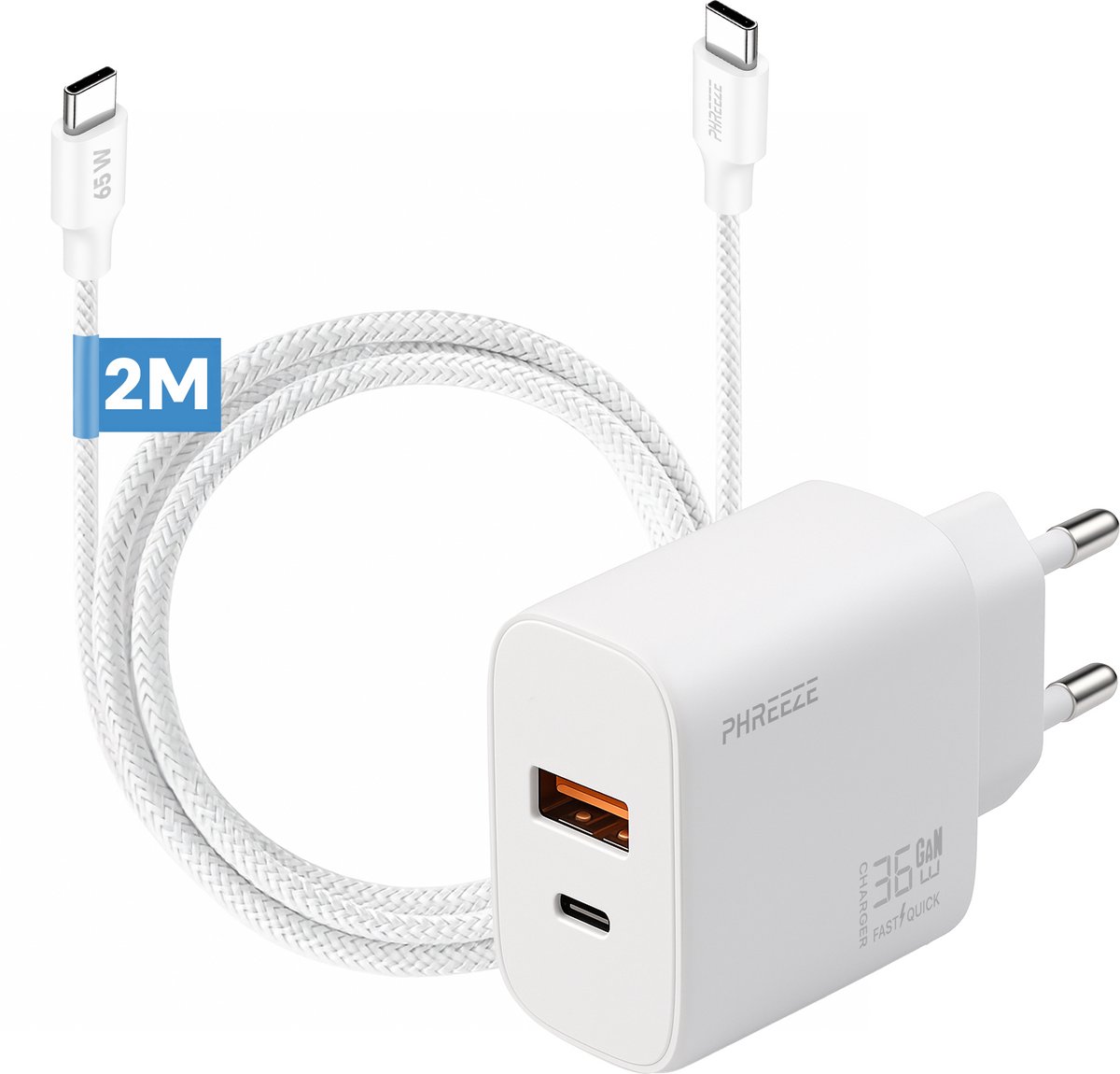 Power delivery oplader met usb C en usb A poorten met usb C naar usb C kabel 2m - GaN charger 35w