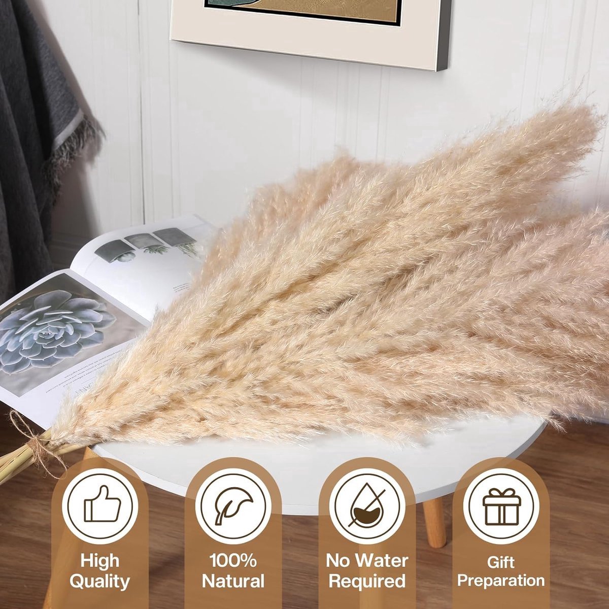 Stunq® Pakket van 10 grote Pampasgrassen, Pampasgras, XXL, natuurlijk en pluizig, gedroogd bloemenboeket, Boho decoratie, 100 cm, voor bruiloft, woonkamer, slaapkamer decoratie.