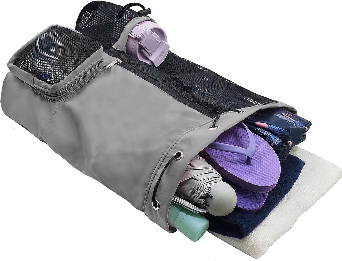 Mesh strandrugzak - Met nat vak met trekkoord - Zwembadtas - Waterdichte zwemtas - Sportrugzak - Unisex - Strandrugzak - grijs