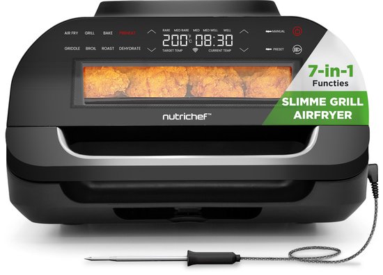 NutriChef Grill – Slimme Grill & Airfryer - SmokelessGrill Kookfuncties, 6L - Slimme Thermometer - Afneembare Antiaanbak Grilplaten