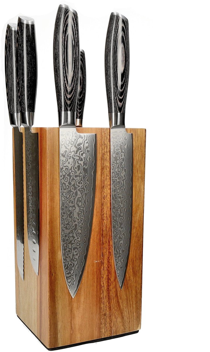 Shinrai Knives - Damast Pakka Wood 6-delige Messenset + Messenblok Rotate - Vleesmes - Hakmes