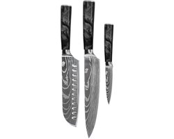 Shinrai Knives - Damascus Print Epoxy Onyx 3-delige Messenset - Koksmes + Santoku + Schilmes