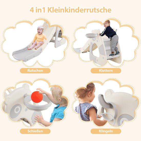 COSTWAY 4-in-1 Kinderglijbaan – Met Basketbalring, Ladder En Ringwerpen, Groen/grijs, Voor Binnen En Buiten
