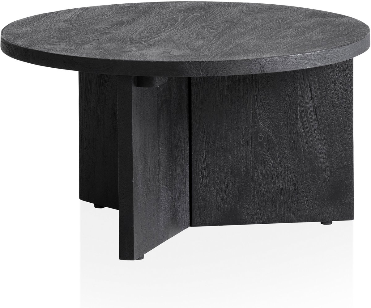 salontafel 60x60x33 cm mango massief hout zwarte salontafel rond, design woonkamertafel driepoot, salontafel woonkamer laag modern met natuurlijke houtnerf