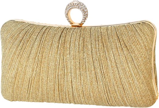 Pochette pour femmes avec paillettes dorées, un sac de soirée plissé, adapté aux mariages et aux fêtes, incluant un anneau avec pierres de strass.