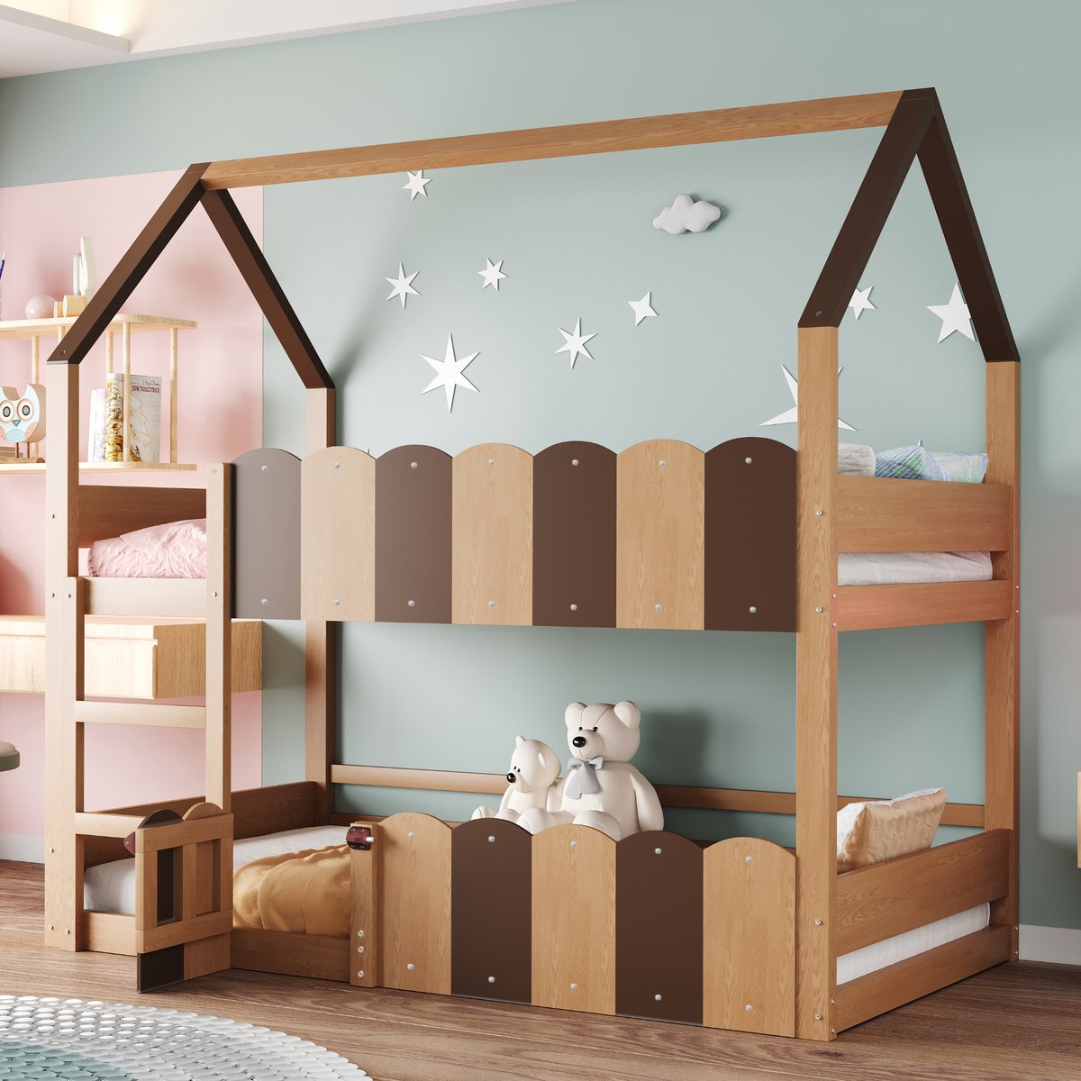 Wishdor Kinder Stapelbed 90x200 cm - Huisvormig Ontwerp - Verhoogde Veiligheidshekken - Speelse Slaapplek - Hout - Naturel