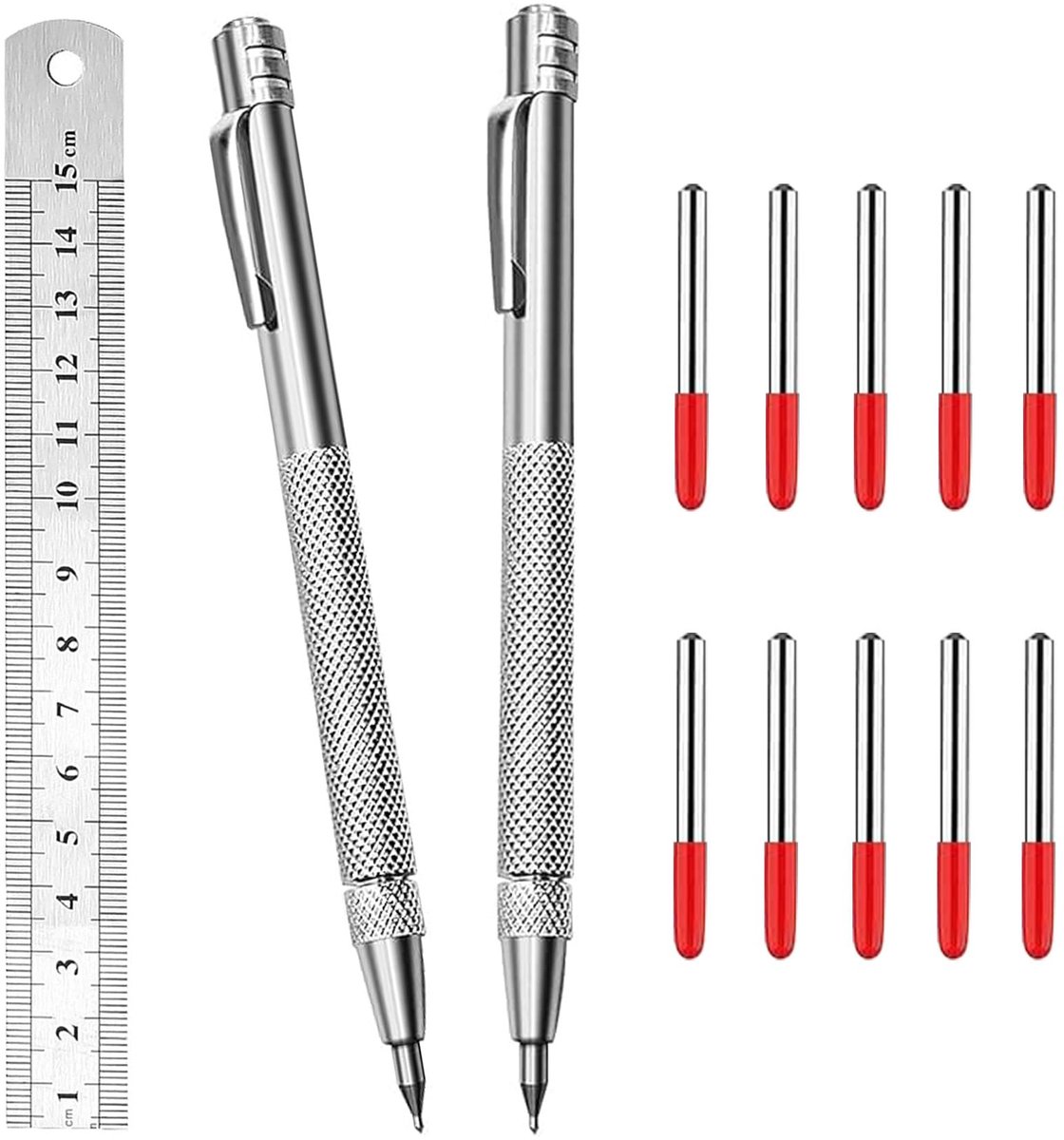 IMPERATORIS® Aftekengereedschapset - Liniaal Recht met Maatverdeling - Lengte Stalen liniaal van 15 cm - Meetlatten - Ideaal voor School Jongens en Meisjes en voor op Kantoor Supplies - 13 Stuks - Zilver
