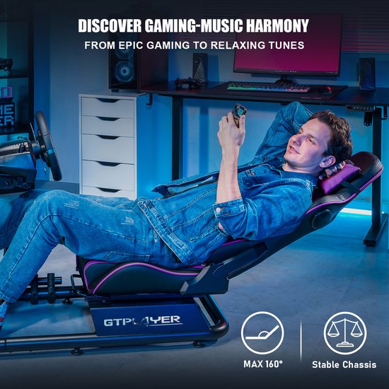 Racestoel, Simulator Cockpit, SIM Racing Cockpit, racesimulator stuurwielstandaard met luidsprekers, stuurwiel en pedaalsteun, Paars van Vevor — afbeelding 3